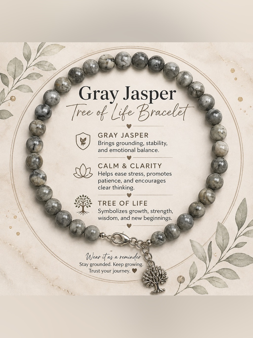 Gray Jasper Bracelet with Tree of Life Charm